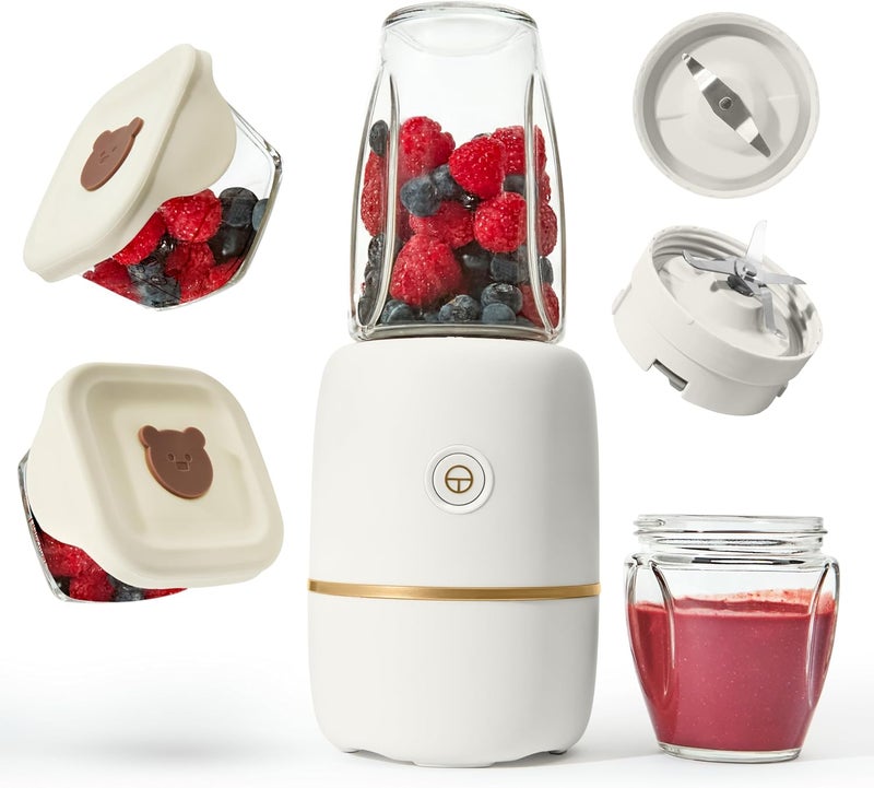 Kwiplee Bubble Blender, Baby Food Maker & Puree Blender with 2 Borosilicate Glass Cups, Compact Baby Bullet for Smoothies, Hands-Free One-Touch, 200W Motor, Cream - Image 1